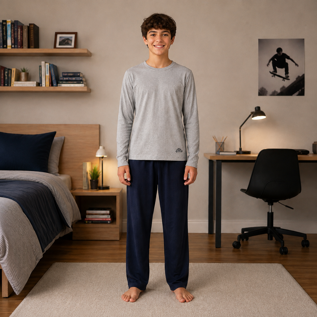 Pijama lisa gris y azul de algodón para niño Tartaruga
