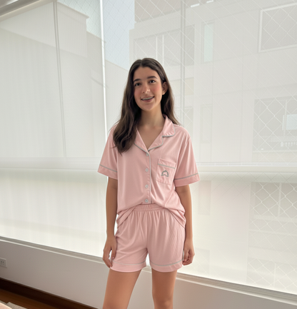 Pijama Algodón Camisera Manga Corta Rosado / Gris